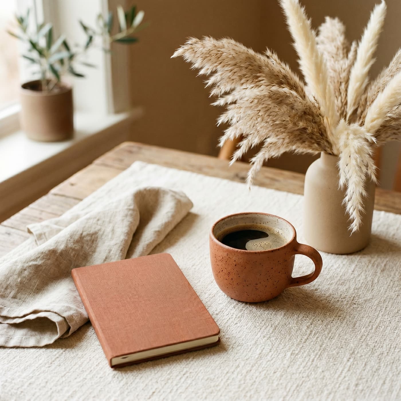 Carnet terracotta et café, ambiance de travail sereine